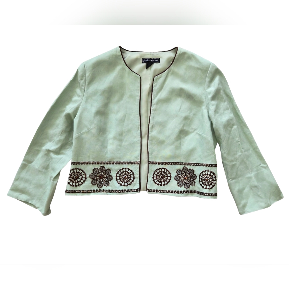 Vintage Jessica Howard Sage Embroidered Blazer Women’s 8P Beaded‎ Linen Cropped